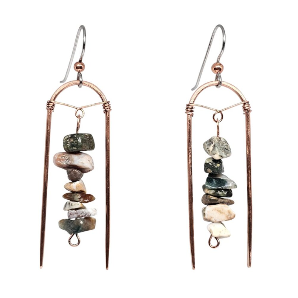 Handmade Ocean Jasper Chip Gemstone Earrings Copper Arch Boho Dangle